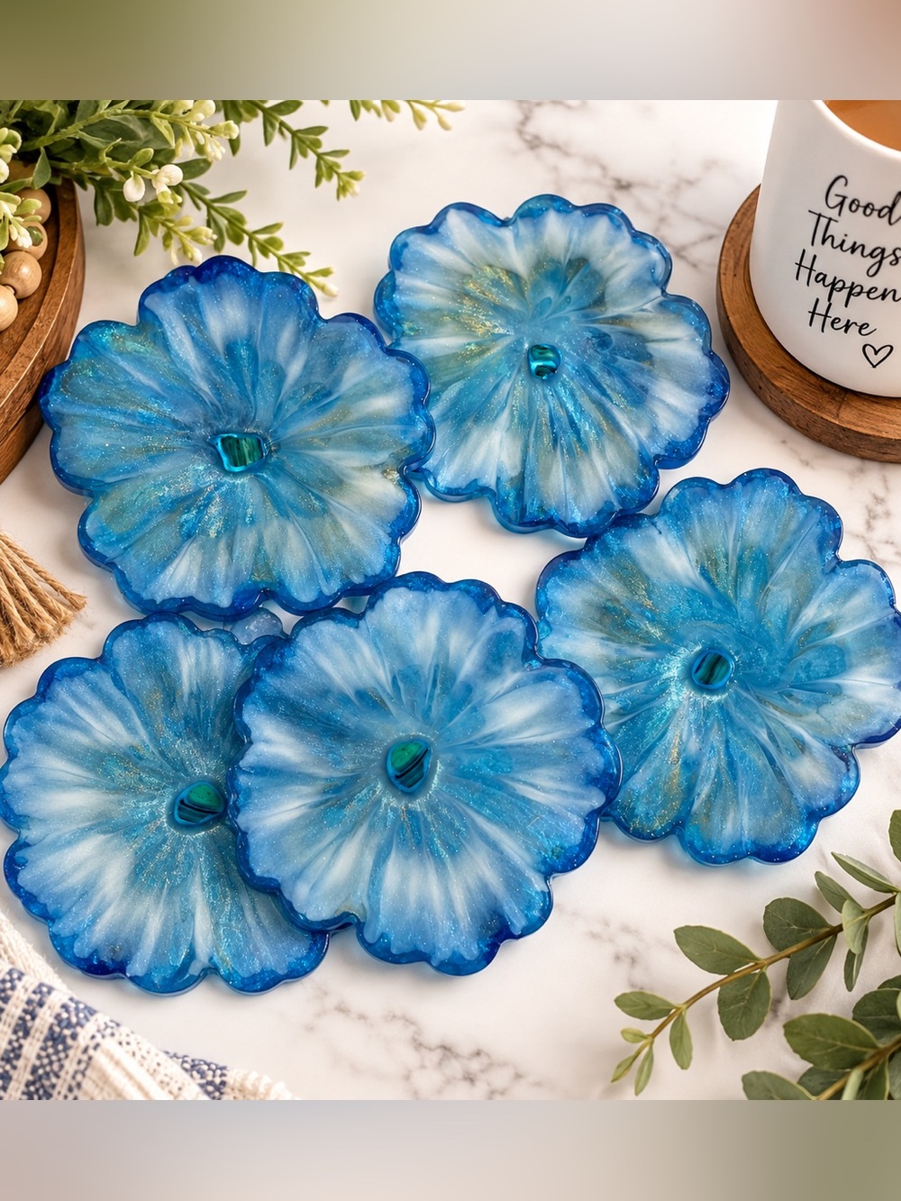 Handcrafted Blue Resin Flower Coasters – Set of 5